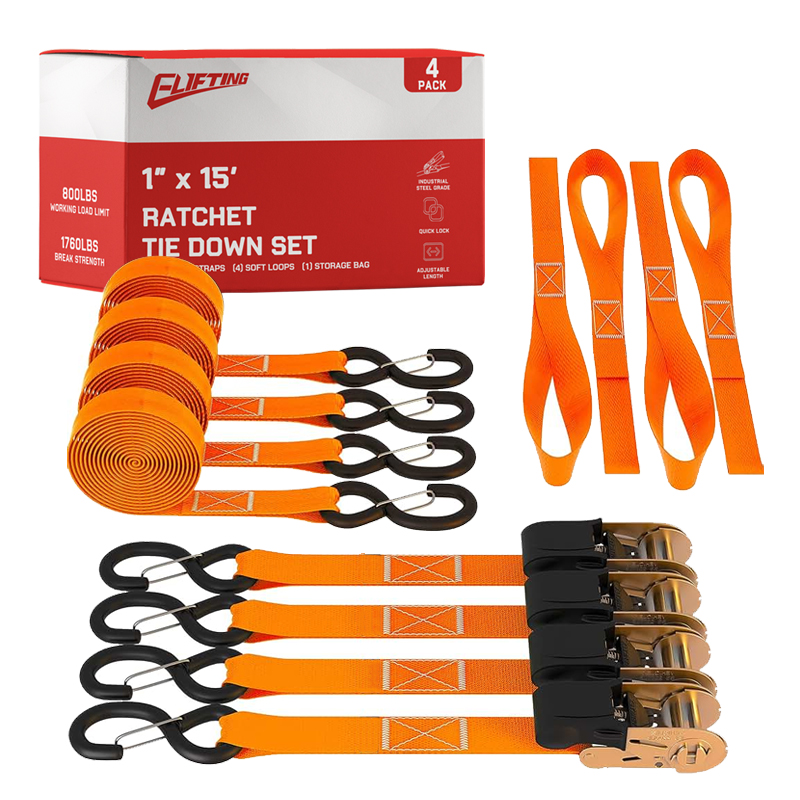 1″ X 15" Ratchet Tie-Down Kit with Soft Loops（4-Pack）